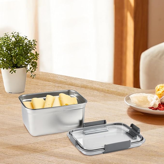 Cheese Container for Refrigerator,Cheese Stainless Steel Container with Lids,Deli Meat Saver,Kitchen Storage Keeper box,fridge organizer Stackable Sliced Grated,Shredded,Cheddar Cheeses Holder