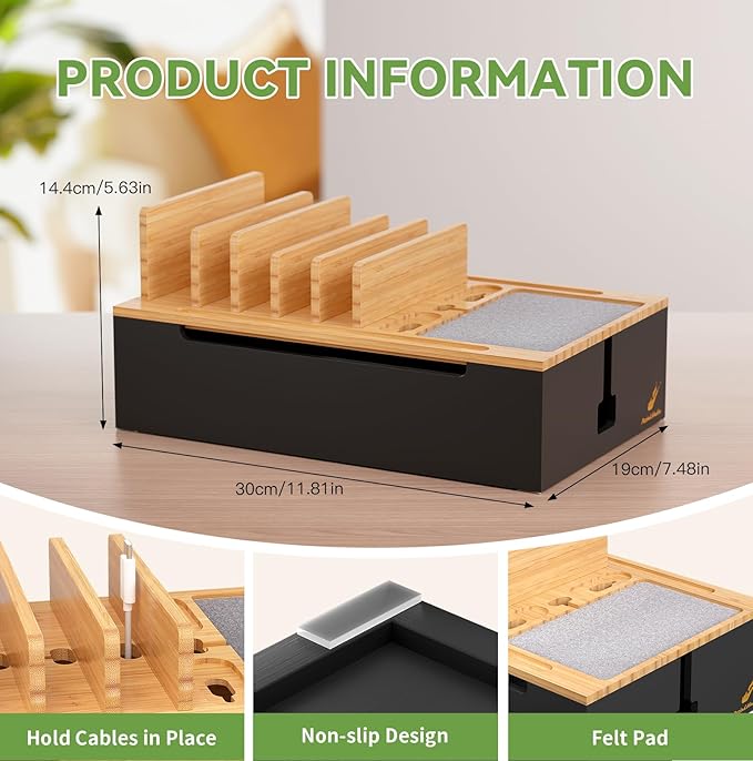 Pezin & Hulin Bamboo Charging Station for Multiple Devices, USB Charger Dock Organizer, with Power Supply (10 Ports HUB), 6 Cables, Cable Management Organizer for Cell Phones, Tablets -Natural+Black