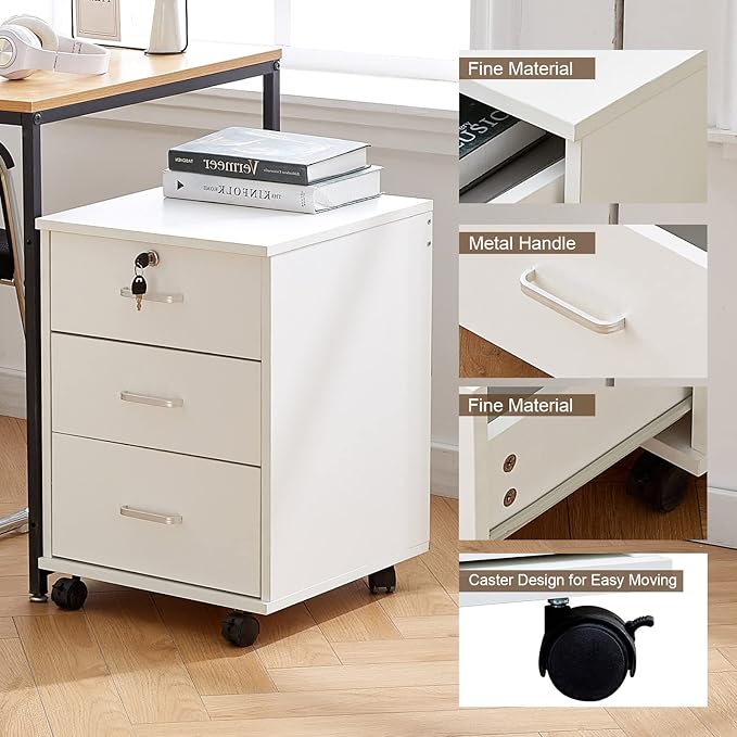 TUKAILAi Mobile File Cabinet with 3 Drawers, Lockable Storage Unit Wooden Rolling Office Filing Cabinet with Wheels, for Legal/Letter/A4 Sized Documents Home Office (White 1PCS)