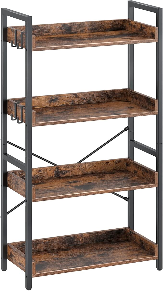 Rolanstar Bookshelf 4 Tier with 4 Hooks, Industrial Wood Bookcase, Vintage Storage Rack with Open Shelves, Rustic Standing Bookshelves Metal Frame Display Rack for Living Room, Bedroom, Rustic Brown