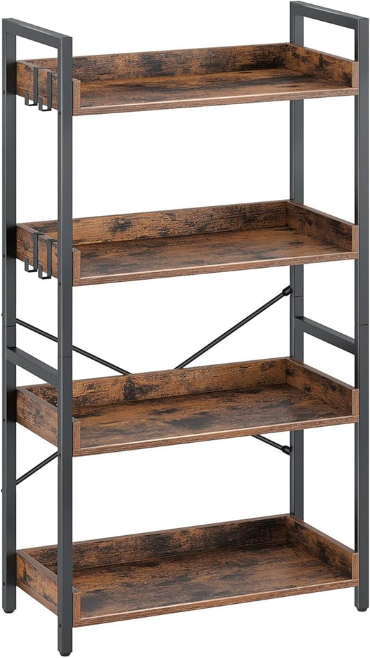 Rolanstar Bookshelf 4 Tier with 4 Hooks, Industrial Wood Bookcase, Vintage Storage Rack with Open Shelves, Rustic Standing Bookshelves Metal Frame Display Rack for Living Room, Bedroom, Rustic Brown