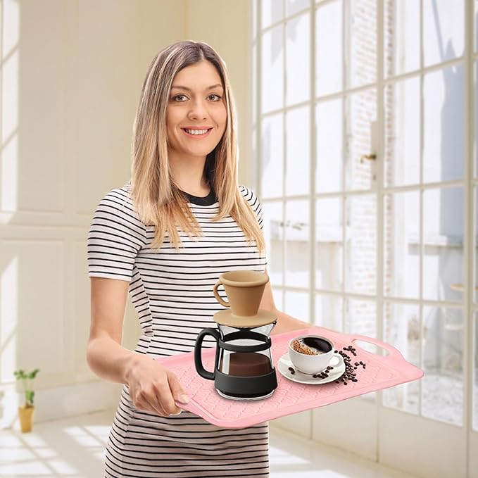 LEHAHA Melamine Serving Tray with Handles, 17.25 x 12 Inch Aesthetic Serving Platters and Trays with Curved Sides, Tray for Lunch, Coffee, or Breakfast, 4pcs Set, Silicone placemats Included,Pink