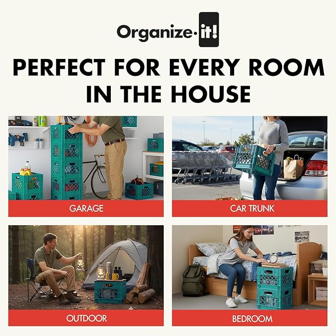 ORGANIZE-IT! Authentic Milk Crate, 4 Pack - Heavy-Duty Storage Crate, Easy-Grip Handles, Versatile Storage Crate Box, 13" L x 13" W x 11" H (Teal)