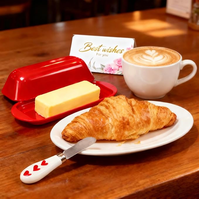 Butter Dish with Lid and Knife, Durable Countertop & Fridge Butter Keeper, Melamine Butter Container Holiday Kitchen Gift, Heart Design – Red