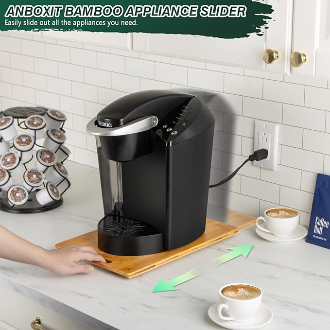 Bamboo Appliance Slider, Sliding Tray for Coffee Maker, Kitchen Countertop Appliance Rolling Tray, Coffee Pot Slider Tray with Rubber Wheels, Deep - Medium (14.5"D x 9.5"W)