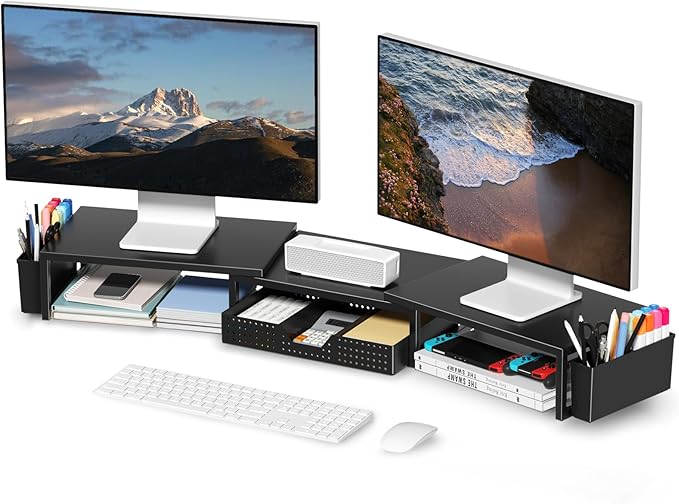 Desk Organizers and Accessories, Dual Monitor Stand Riser with Drawer and 2 Pen Holders, Desk Shelf Metal Computer Monitor Stand for Office Workspace Organizers, Desktop Organization (Black)