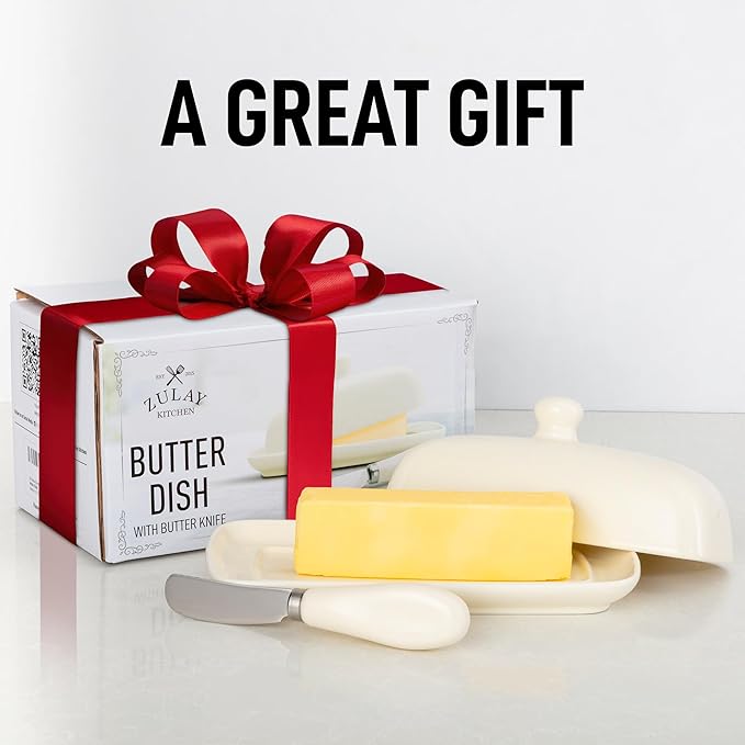 Zulay Butter Dish With Lid For Countertop - Porcelain White, Ceramic Butter Dish with Knob Handle Great for Cooking - Elegant Design Butter Holder - Durable & Sturdy Butter Keeper - Ivory