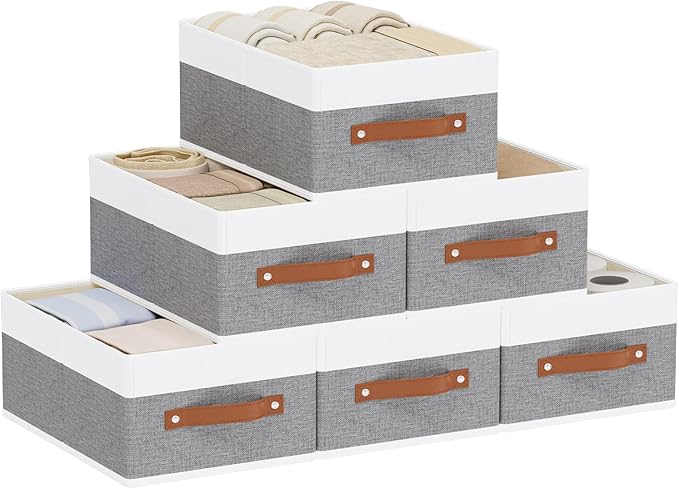 Clothing Storage Boxes, Drawer Organizers with Handles, Cube Organizer Bin for Organizing, 13 × 9.1 × 5.5 Inch, White and Grey, 6-Pack