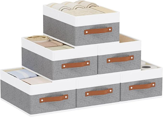 Clothing Storage Boxes, Drawer Organizers with Handles, Cube Organizer Bin for Organizing, 13 × 9.1 × 5.5 Inch, White and Grey, 6-Pack
