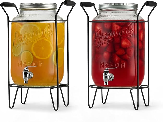 2 PACK-2 GALLON Drink Dispensers for Parties, Drink Dispensers for Parties, Original Mason Beverage Dispensers with Stand, Glass Water Jug Dispenser, 100% Leakproof Spigot Perfect For And Daily Use