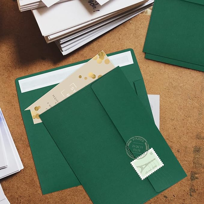 50 Pack 5x7 Envelopes - Self Seal for Invitations, Weddings, Photos & Greeting Cards (Dark Green)