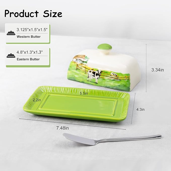 Cow Butter Dish with Lid for Countertop, Large Ceramic Embossed Butter Keeper Holder Storage, Farmhouse Butter Container Tray for East West Coast Butter Cow Kitchen Decor