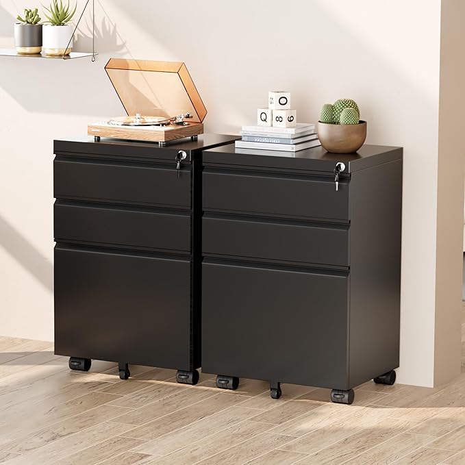 Greenvelly 3 Drawer Mobile File Cabinet with Lock, Fully Assembled Rolling File Cabinet Except Casters, Under Desk File Cabinet with Wheels for Home Office Fit Legal/Letter/A4 File (Assembled, Black)