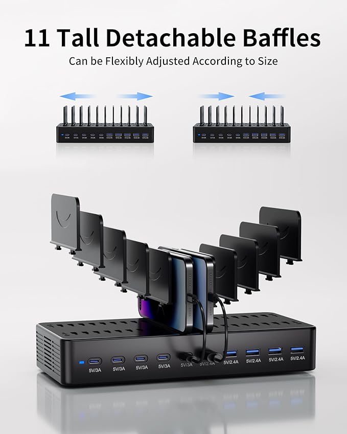 100W Charging Station for Multiple Devices, 10-Port USB Fast Charging Station with Adjustable Dividers & 10 Cables- Multi Device Organizer Charging Dock for iPhone, iPad, Tablets & More