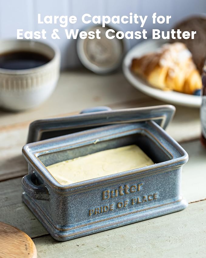 Butter Dish with Lid, Ceramic Butter Holder Container Large Butter Dish for Countertop Farmhouse Thanksgiving Christmas Decor Butter Keeper for East West Coast Butter, Gray