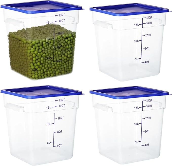 4 Pack Food Storage Containers, 18 Quart Square Commercial Food Containers with Lids, NSF, Polycarbonate, Clear