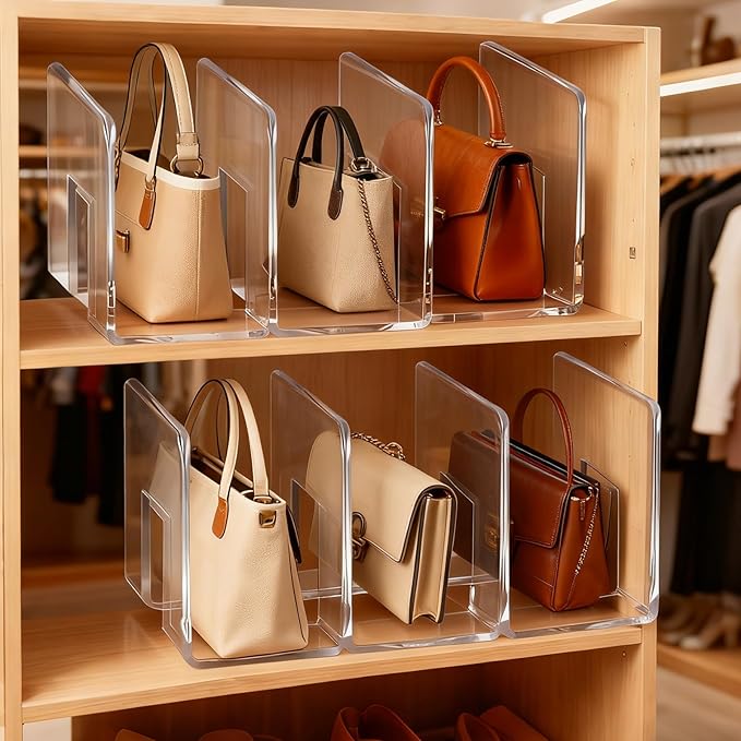 LUGUNU Clear Acrylic Purse Organizer - 3-Section Divider for Handbag Closet Storage - Durable Rack for Purses, Clutches More (Set of 4)