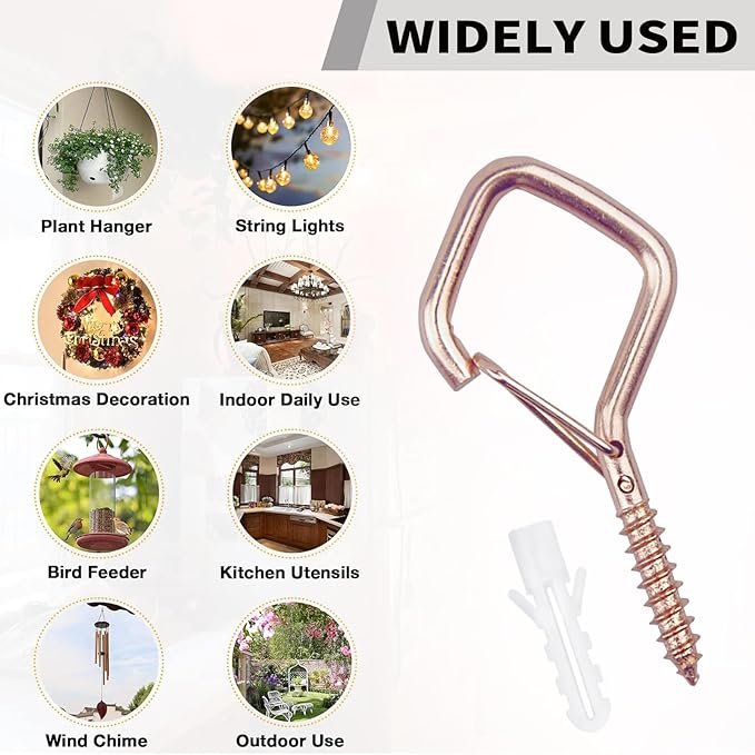 10PCS Eye Screw Hooks for Hanging Heavy Duty with Safety Buckle.Metal Ceiling Hooks for Hanging Plants,Cup,Wind Chime,Bird Feeders,christmas String Lights at Indoor&Outdoor,2.36 Inch(No Drill Bit)