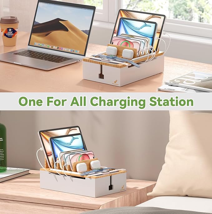 Pezin & Hulin Bamboo Charging Station, Electronic Devices Organizer for Multiple Devices Charger Such As Cell Phone, Tablet, Watch and More, Natural+White, (No USB Charger and Cables