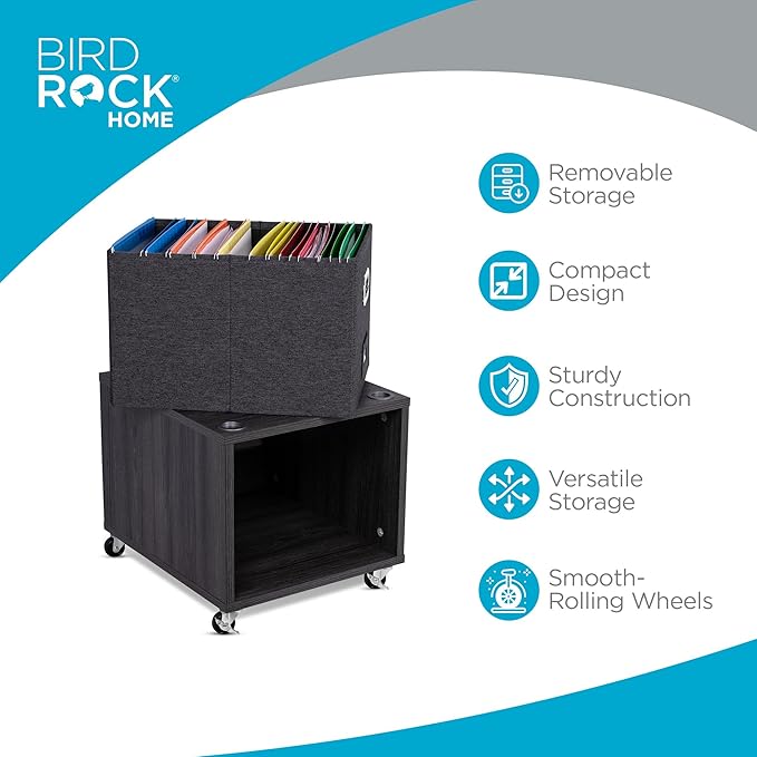 BIRDROCK HOME Rolling File Cabinet – Decorative Storage Shelf w/Removable Bins, Handles, and Wheels – Organize Files, Books, Toys, Under Desk Office Solution, Modern Design - 1 Lateral Drawer, Gray