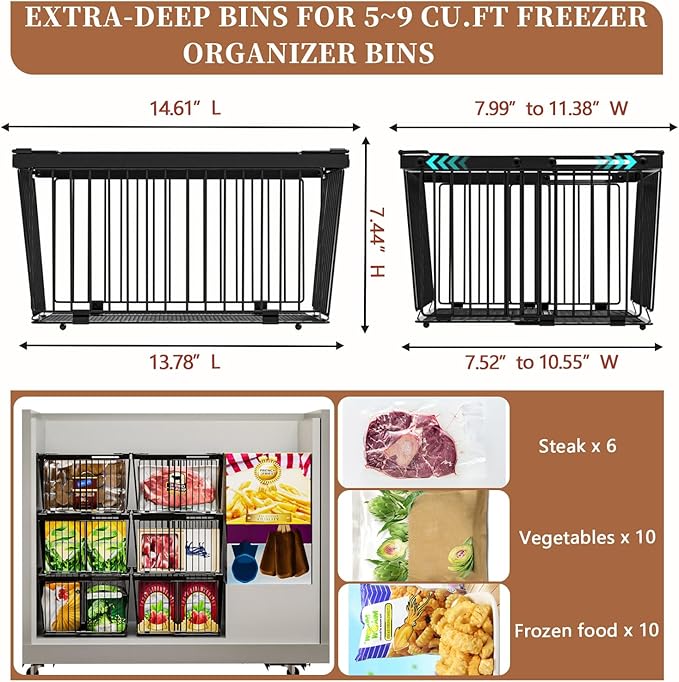 Large Freezer Organizer Bins，Upgraded Bottom Leak-Proof net，Fit 5 to 9 Cu Ft Chest Freezer，4 Pack， Expandable Stackable Chest Freezer Containers with Handle (Black--4Pack)