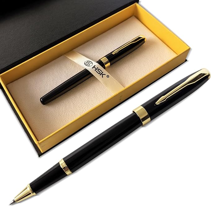 HSK Ballpoint Pens Executive Fountain Pen with Gold Trim, Gift Box Set, Available in Black, Red, Navy Blue,Black Refill Line width 0.5mm (Black)