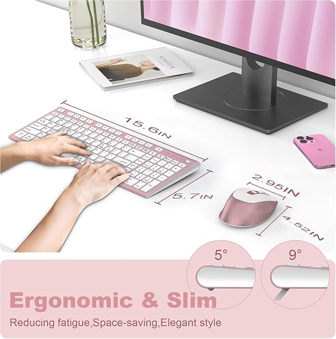 FENIFOX Wireless Keyboard and Mouse, Ergonomic Rechargeable Silent Quiet Slim Compact Full-Size USB C with Number Pad Flat Soft Cover for PC Computer Laptop Mac MacBook iMac Windows - Pink Rose Gold