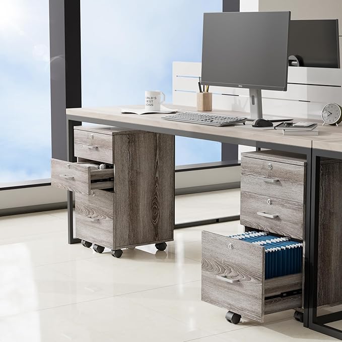 VINGLI 3-Drawer File Cabinet with Lock, Wood Rolling Filing Cabinets for Home Office, Mobile Printer Stand, Under Desk File Organizer for Letter Sized Files, 26" H(Caster Included),Gray Oak