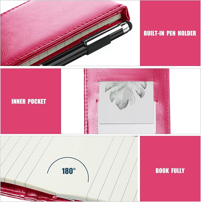 Outus 10 Pcs Pocket Notebook with Pen Set Included Mini Pocket Notepad Holder with 50 Lined Sheets, Metal Pen, 8 Pcs 3 x 5 Inch Memo Book Refills, 30 Lined Paper Per Note Pad (Rose Red)