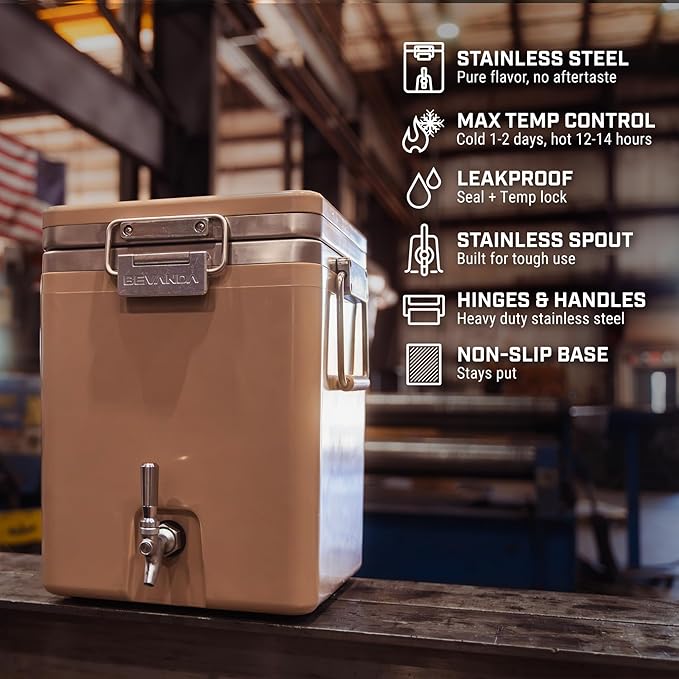 Bevanda - Sperse Drink Dispenser - Large Insulated Stainless Steel Water and Beverage Dispenser - Ideal for Parties, Camping Trips, and Outdoor Events - Leakproof, Durable, Portable (Tan, 5 Gallon)