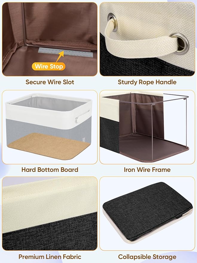 BALEINE 1 Pack Fabric Storage Bins for Shelves, Linen Storage Baskets for Organizing, Decorative Closet Bins for Clothes, Home (Black, 17''x13''x10.5'')