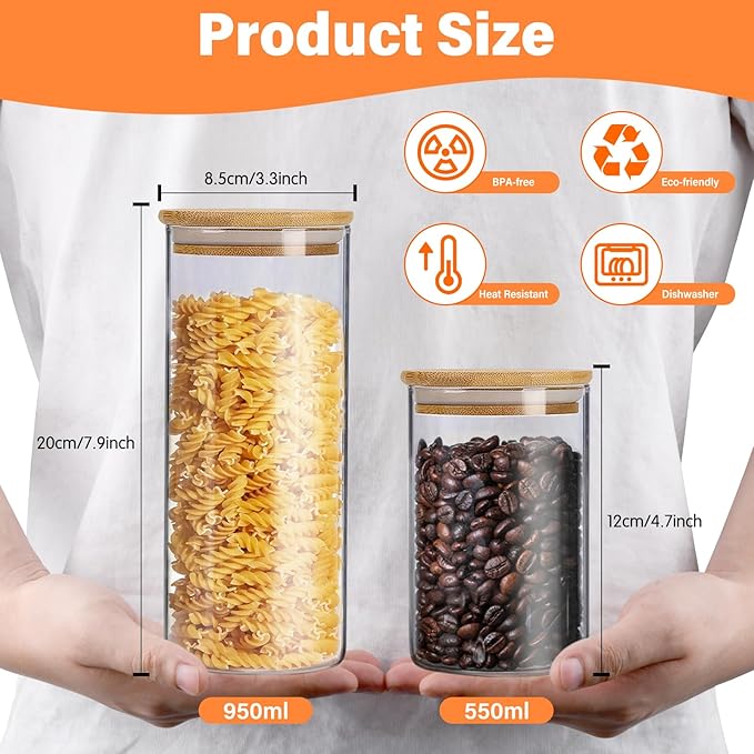 Glass Jars with Bamboo Lids Set of 12,Glass Storage Containers with Airtight Lids Storage Jars Food Storage Containers for Pasta,Flour,Cereal,Sugar,Cookie