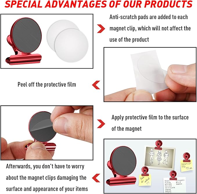 FINDMAG 12 Pack Magnetic Clips for Photo Display, Picture Hanging, Heavy Duty Scratch-Free Fridge Magnet Clips for Whiteboard, Refrigerator, Locker, Kitchen, Office, Magnetic Clips for Photo, Red.