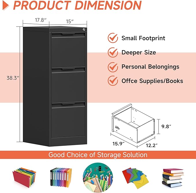 3 Drawer File Cabinet with Lock,Vertical Filing Cabinets for Home Office,Heavy Duty Metal File Cabinet for Hanging A4/Letter/Legal Size File,Vertical File Cabinet 15" W X 17.8" D X 38.3" H-Black