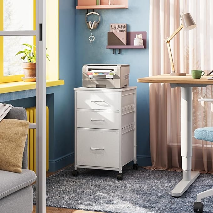 DEVAISE Mobile File Cabinet, Rolling Printer Stand with 3 Drawers, Fabric Vertical Filing Cabinet fits A4 or Letter Size for Home Office, White