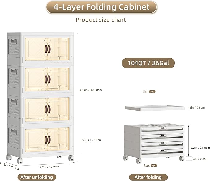 104 QT / 26 Gal Stackable Storage Bins with 1 Lid, Collapsible Plastic Organizer Cabinet with Wheels & Magnetic Doors for Closet, Home, Office – White Containers