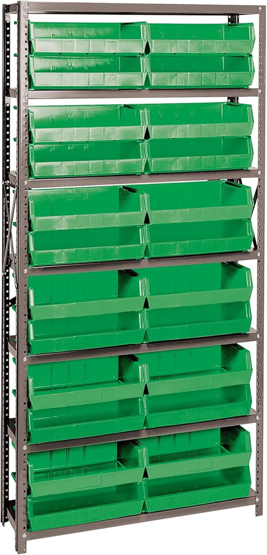 Quantum QSBU-245GN Heavy Duty Shelving Unit with (7) Shelves and (24) QUS245 Green Bins for Garage Warehouse Storage Distribution | 400 lb Load Capacity | 12"D x 36"L x 75"H, Galvanized Carbon Steel