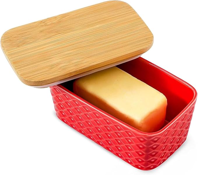 Hasense Ceramic Butter Dish with Lid, Large Butter Holder for Countertop Airtight Butter Stick Covered Keeper, Red Embossed Pattern Design,Holiday Gift