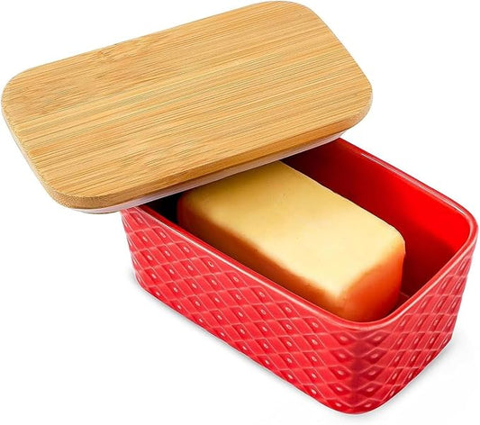 Hasense Ceramic Butter Dish with Lid, Large Butter Holder for Countertop Airtight Butter Stick Covered Keeper, Red Embossed Pattern Design,Holiday Gift
