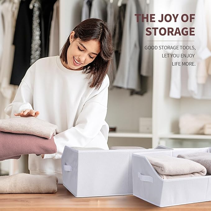 Closet Baskets for Shelves Trapezoid - Decorative Storage Baskets with Handle, Closet Bins for Organization, Shelf Storage Bins for Clothes, Books, Home, Office, 4 Pack, White