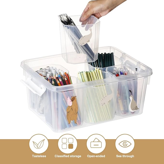 loobuu 17QT Plastic Storage Bins with Lids - 1 Pack Art Craft Supply Organizer Box with Brush Pot for Kids, Stackable Clear Pen Container for Toy/Sewing/Comestic/Tool/Playdoh (1 Pack)