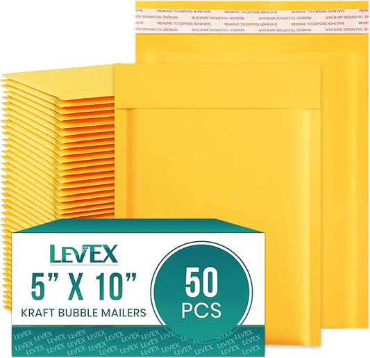 Levex - #00 5" x 10 [50 Pack) Kraft Bubble Mailers, Padded Envelope Mailers, Packing Envelope & Mailing Bags for Shipping
