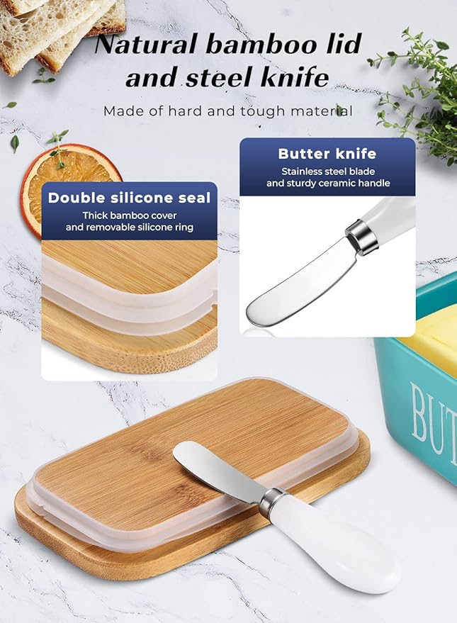 Butter Dish with Lid: Large Butter Container for Countertop - Ceramic Butter Holder for Counter - Butter Tray Butter Keeper with Knife and Sponge Scrubber - Perfect for 2 Sticks of Butter Green