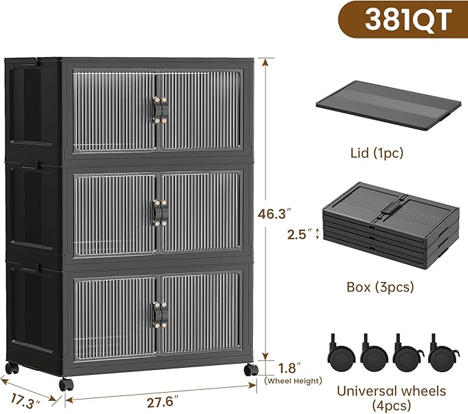 SAILUN 95Gal/381Qt Stackable Storage Bins Folding Collapsible Storage Bins with Lid, Closet Organizers and Storage Box with Door Black 28" W x 17" D x 46" H