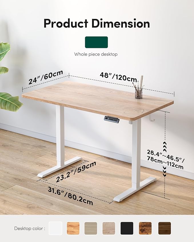 FEZIBO One-Piece Standing Desk Adjustable Height Stand up Home Office Desk, 48x24 Inch Electric Standing Computer Desk, with 4 Memory Presets, Fixable casters, Maple