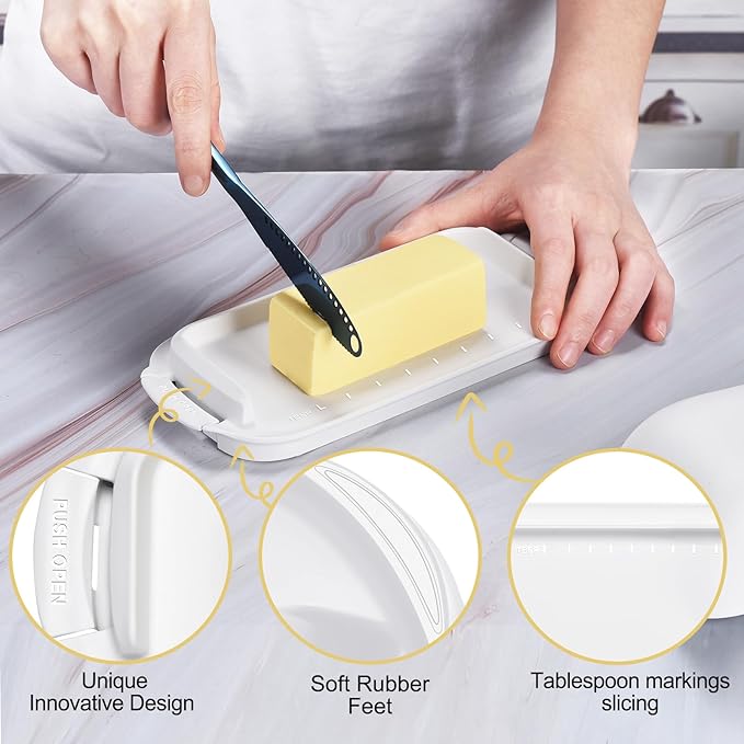AONCO Butter Dish with Lid, Butter Container Holds for Countertop, Unbreakable Butter Keeper for Home Kitchen Decor, Perfect for East/West Coast Butter, BPA-free, Microwave/Dishwasher Safe (White)