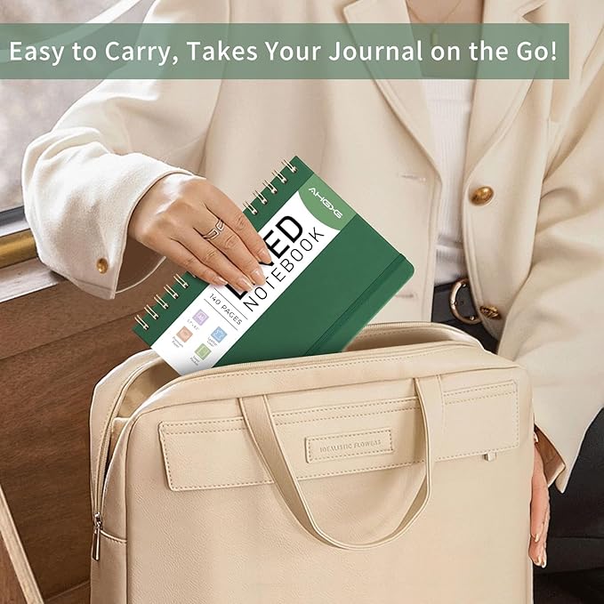 AHGXG Lined Spiral Notebook Journal for Women, 140 Pages Hardcover Leather Notebook College Ruled, A5 5.7" x 8.3", 100 GSM Thick Paper, Notebooks for School Work, Journals for Writing, Green