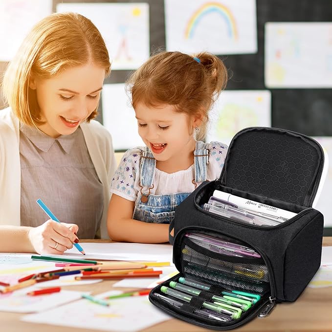 XQXA Large Capacity Pencil Case Organizer, Multifunctional Extra Big Pencil Pouch with Compartmens, Travel Simple Stationery Pen Bag, Fabric Pencil Bag for Men Women Girl Boy (Black)