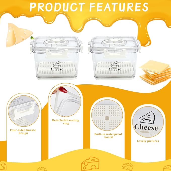 2 Pcs Cheese Container for Refrigerator,Cheese Keeper with Airtight Lid and Time Recording,Cream Block Shredded Cheeses Storage Box,Sliced,Grated,Cheddar Cheeses Box For Fridge,kitchen