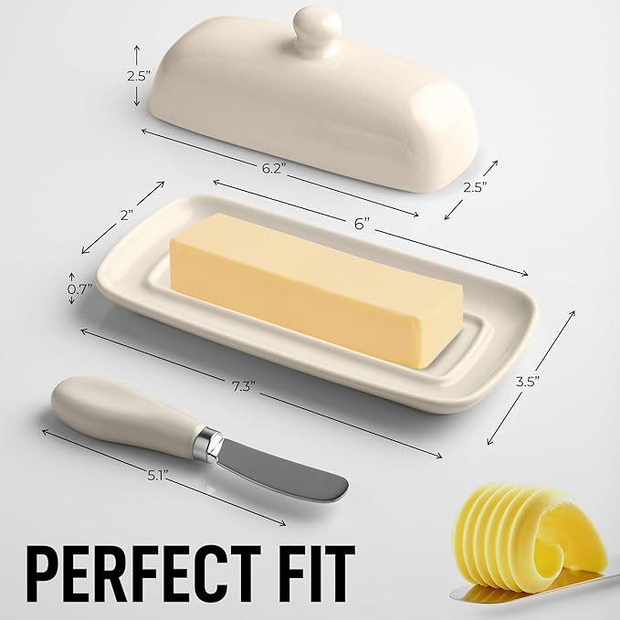 Zulay Butter Dish With Lid For Countertop - Porcelain White, Ceramic Butter Dish with Knob Handle Great for Cooking - Elegant Design Butter Holder - Durable & Sturdy Butter Keeper - Ivory